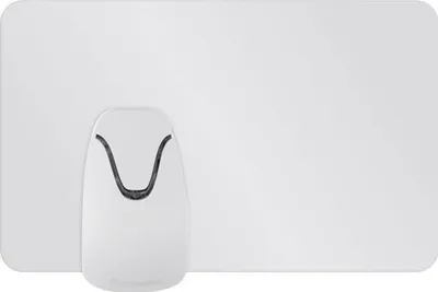 A white, rectangular baby monitor sensor pad with a white, teardrop-shaped sensor unit attached to the left side.