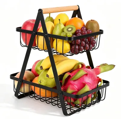 Obstkorb Etagere 2-stöckig, abnehmbar, schwarz, mit Holzgriff
