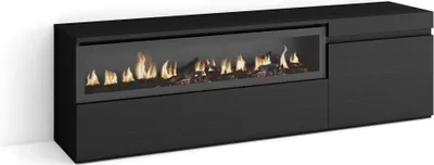 A black TV cabinet with a built-in electric fireplace.
