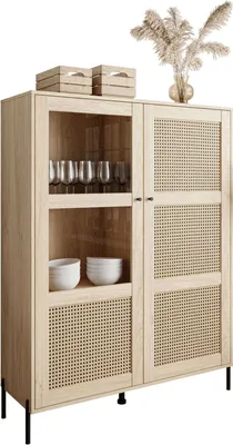 A light wood vitrine with glass doors and cane detailing, displayed against a white background.