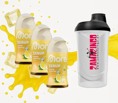 Produktbild von More Zerup Lemon Iced Tea Zuckerfreier Sirup 65 ml (3er Pack) + Gratis Zama4Zingo Shaker 600ml