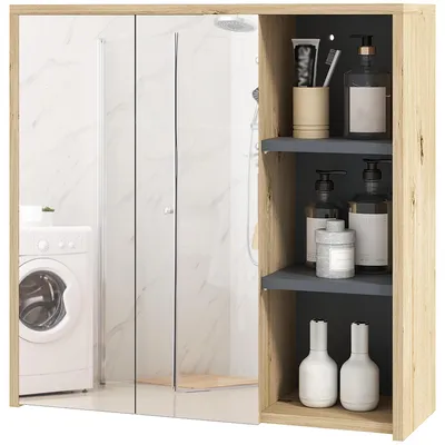 Produktbild von Badezimmerschrank mit Spiegel, wandmontierter Spiegelschrank mit 3 offenen Regalb?den, 60 x 20 x 60 cm, Naturholz