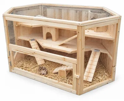 Produktbild von Kleintierstall Holz sechseckig mit Draht & Plexiglas, mehrere Ebenen & Haus