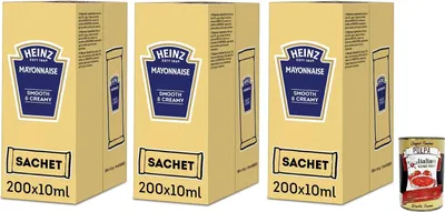 Produktbild von 3x Heinz Maionese Mayonnaise Smooth & Creamy 200 Einzeldosisbeutel à 10ml + e Italian Gourmet Polpa di Pomodoro 400g Dose