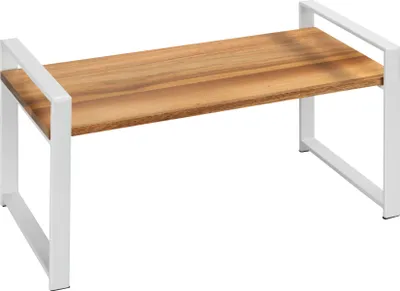 A shelf unit with a wooden top and white metal frame.