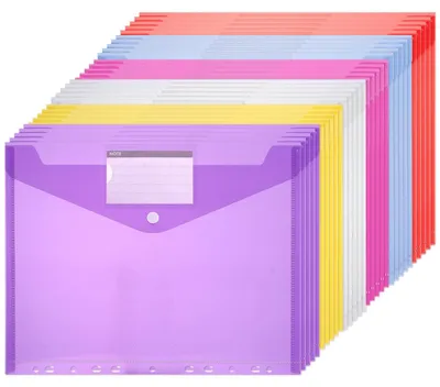 Image de 30 pochettes de rangement A4, 6 couleurs, classeur de documents avec 11 perforations, pour ranger des documents