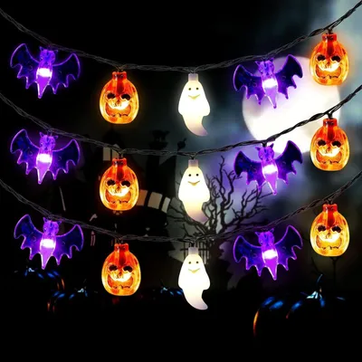 Produktbild von Halloween-Lichterkette, batteriebetrieben, 6 m, Kürbis-, Fledermaus-, Geister-Lichter – 8 Leuchtmodi, Licht für Halloween-Party-Dekorationen