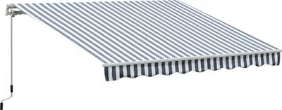 A striped awning extended from a white background.