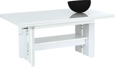 Produktbild von Couchtisch mit Funktionen, Sofatisch Dario - Weiß Hochglanz - ausziehbar + höhenverstellbar - Ablageboden - 110-180x68x50-60cm - Scherenbeschlag
