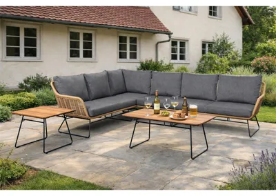 Produktbild von Green Spirit® Monaco Ecklounge 6 Personen Polyrattan Grau Teakholz modular