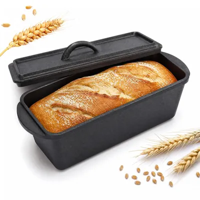 Produktbild von Gusseisen Brotbackform mit Deckel, rechteckiger Brotbacktopf 35 × 12 × 10,5 cm, voreingebrannt und ofenfest für Sauerteigbrot