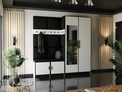 Produktbild von KIER FURNITURE Garderobe mit Sitzfläche Roj21 - 211,2x205x39cm Weiß + Stoff Schwarz