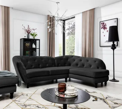 Produktbild von Ecksofa Designersofa CHARLOTTE in Stoff Matt Velvet Schwarz Ottomane Rechts