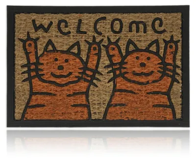Productafbeelding van Relaxdays deurmat van kokosvezel, met kattenprint en "Welkom"-opdruk, met rubberen onderkant, geschikt voor binnen en buiten, antislipmat voor de deur, 60 x 40 cm, oranje/naturel, AI-gegenereerde afbeelding