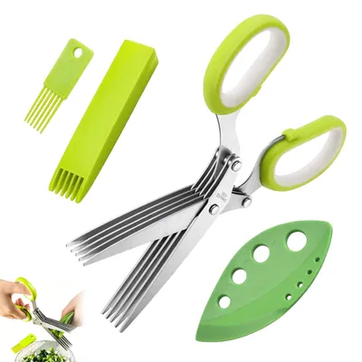Produktbild von Kräuterschere - 5 Klingen aus Edelstahl mit Reinigungskamm und Sicherheitsabdeckung - Zum Schneiden von Kräutern und Gemüse - Silberfarben
