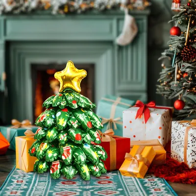 Immagine prodotto di Palloncino natalizio 3D - 360° - realizzato in lamina di alluminio - decorato con un albero di Natale - dimensioni 38 x 34 cm
