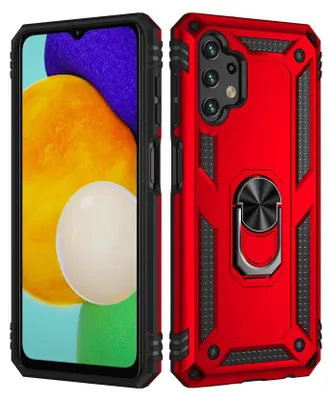 A red phone case with a ring holder is shown next to a smartphone.