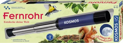 The image shows the packaging of a KOSMOS telescope, featuring illustrations of a bird, a squirrel, and the moon.