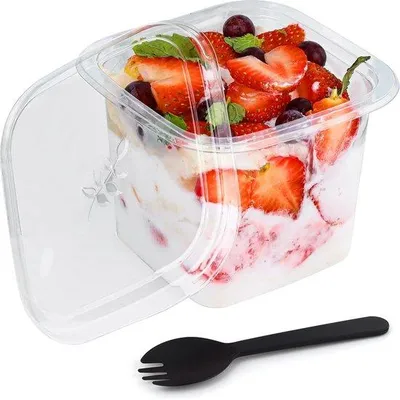 Produktbild von Famanu Dessertbecher 400 ml mit Deckel und Sporks - 50er Set