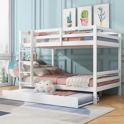 Produktbild von Merax Etagenbett 140x200cm, mit Ausziehbett 90x190cm, Hohe Geländer, Treppe, Kinderbett, Kiefer, Stockbett, Jugendbett, Massivholzbett, Weiß