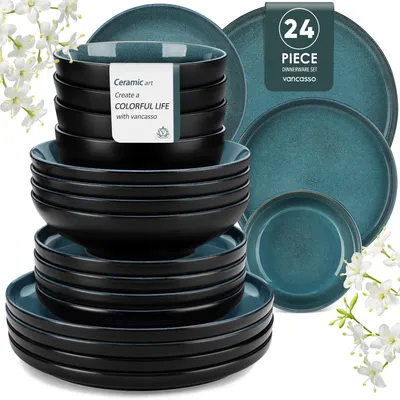 Image de Service de table en faïence, 24 pièces service combiné pour 6 personnes, set de vaisselle avec bol, assiette creuse, assiette à dessert, assiette plate