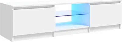 A white TV stand with LED lighting.