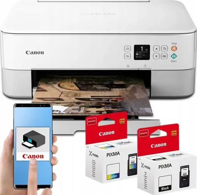A collage showing a Canon Pixma printer, ink cartridges, and a smartphone displaying the Canon app.