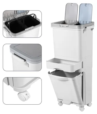 Obrázok produktu pre Kôš na kuchynský odpad – Vedro s pedálom – Na triedenie odpadu – 3 priehradky s vekom – 42 litrov – Biely