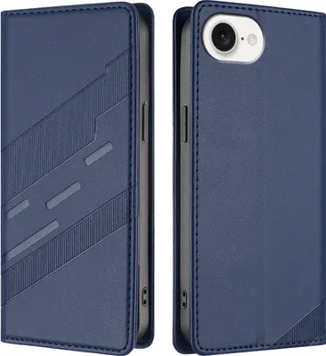 A blue leather wallet case for an iPhone is shown from two angles.