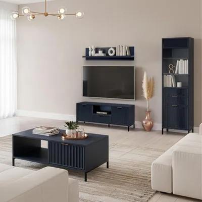 Produktbild von Wohnwand Indigo blau LAURO-161 modern mit Rillenoptik 4-teilig