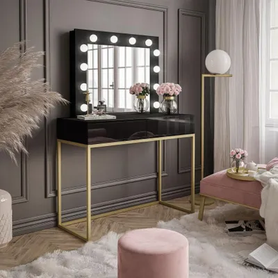 Produktbild von Schminktisch BLANCO GOLD mit Spiegel und Beleuchtung schwarz Hochglanz