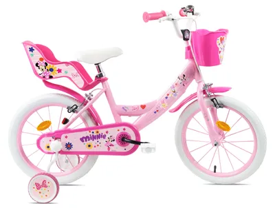 Image de Vélo 16 pouces "MINNIE" de Disney (Taille de l'enfant 100 cm à 120 cm) équipé de 2 freins, panier, porte poupée et stabilisateurs.