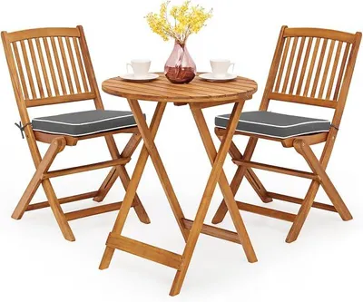 Imagen del producto de Juego de muebles de balcón de 3 piezas, que incluye una mesa tipo bistró con 2 sillas, juego de muebles plegables para balcón fabricado en madera de acacia con 2 cojines. Ideal para exteriores, como jardín o balcón (color gris)