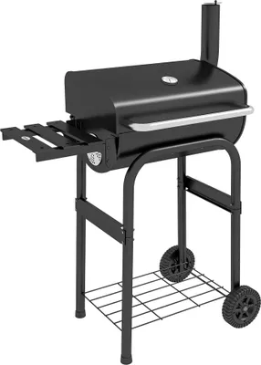 Image de Outsunny Barbecue au charbon de bois chariot de BBQ, avec šŠtagššres, roulettes, couvercle, thermomšštre, cheminšŠe, en mšŠtal noir
