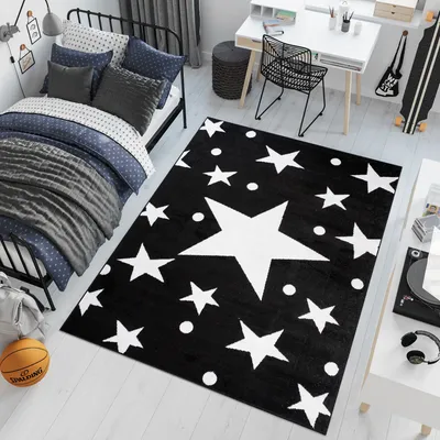 Produktbild von Teppich Wohnzimmer Schlafzimmer Kurzflor Modern Design Schwarz Weiß Sterne Kinderzimmer Kinderteppich  220 x 300 cm