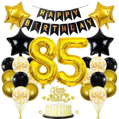 Image de Décoration d'anniversaire 85 ans, noir et or, 32 pièces : ballons, guirlande, décoration de gâteau