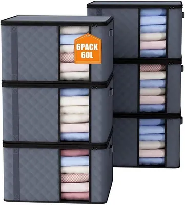 Produktbild von PolkaHome® 6er Set 60L Aufbewahrungsbox mit Deckel, faltbare Kleiderbox mit Sichtfenster, Wäschebox für Decken, Bettwäsche, Kleidung,