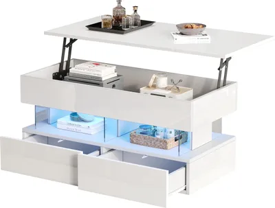Produktbild von Anhebbarer Couchtisch Sofatisch mit höhenverstellbarer Tischplatte und verstecktem Stauraum,Beistelltisch mit LED,kaffeetisch mit 2 Schubladen