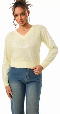 Productafbeelding van Damen: Top met pailletten, lange mouwen, V-hals, glinsterende top, geschikt voor casual, feestelijke en festival gelegenheden