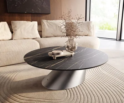 Produktbild von DELIFE Couchtisch Edge Rund 100x100 cm Keramik Laminam® Noir Desir Braun Conis Edelstahl gebürstet