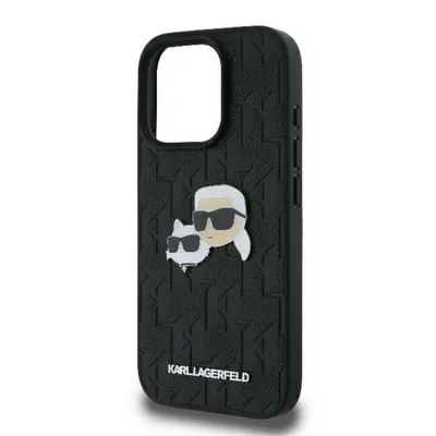 A black iPhone case with a Karl Lagerfeld monogram pattern and a Karl & Choupette head pin.