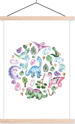 Produktbild von MuchoWow® Textilposter Dinosaurier - Muster - Kinderzimmer - Mädchen - Kinder - Rosa - Kind 40x60 cm mit holzfarbenen Rahmen - Poster