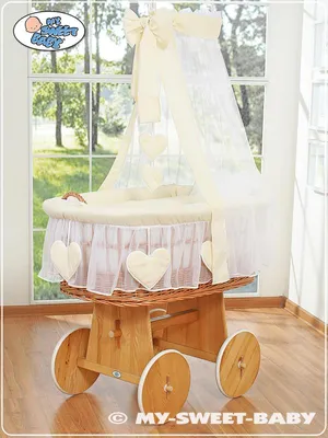 Obrázek produktu pro MY SWEET BABY dětská postýlka z přírodních vláken krémová s odnímatelným baldachýnem a dřevěným podstavcem