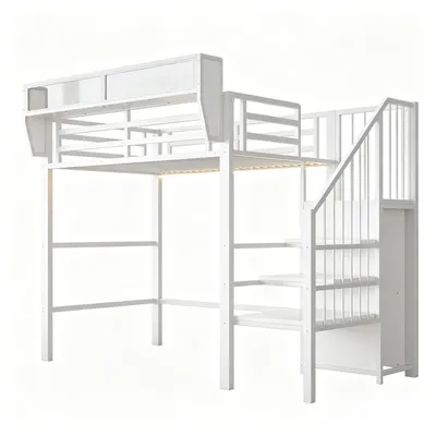 Produktbild von Flieks Etagenbett 90x200cm mit Led, Hochbett mit Lagerregal, Jugendbett Einzelbett mit Kleiderstange, Kinderbett Metallbett mit Treppe, Weiß