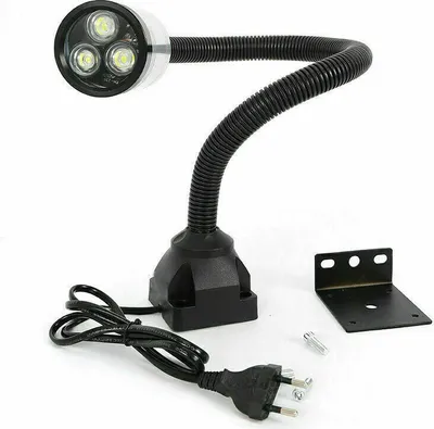 A product shot of an LED work light with a flexible gooseneck and a mounting bracket.