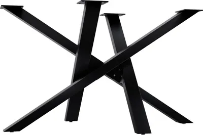 A black metal table base with an X-shaped design, shown from a diagonal angle against a white background.