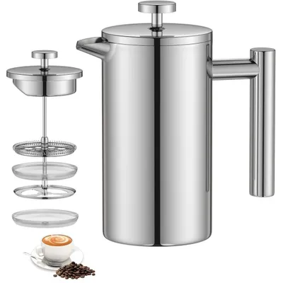 Produktbild von Kleine French Press Kaffeebereiter aus Edelstahl,Thermo Kaffeebereiter doppelwandig isoliert inkl. Ersatzfilter für Büro, Reisen und Camping Silber