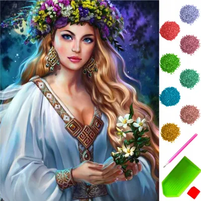 Produktbild von ARTULIO - Diamond Painting Set - Porträt Frau im Blumenkranz - 40 × 30 cm - 5D Diamant Painting, Home Wand Deko, Komplettset Mosaik + Zubehör