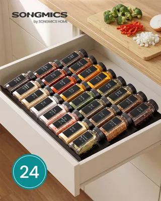 Obrázek produktu pro SONGMICS Sada 24 kusů skleněných dóz na koření, hranatý tvar, vzduchotěsné s etiketami, objem 120 ml, rozměry 4,5 x 4,5 x 10,5 cm, barva černá