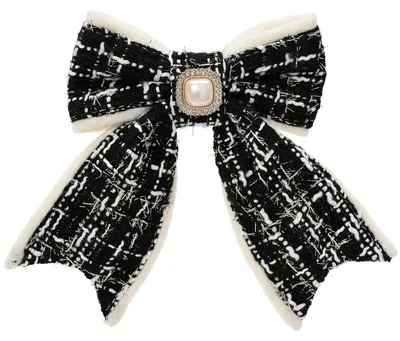 Produktbild von Weihnachtsschleife schwarz/cremefarben mit Brosche & Clip - Polyester